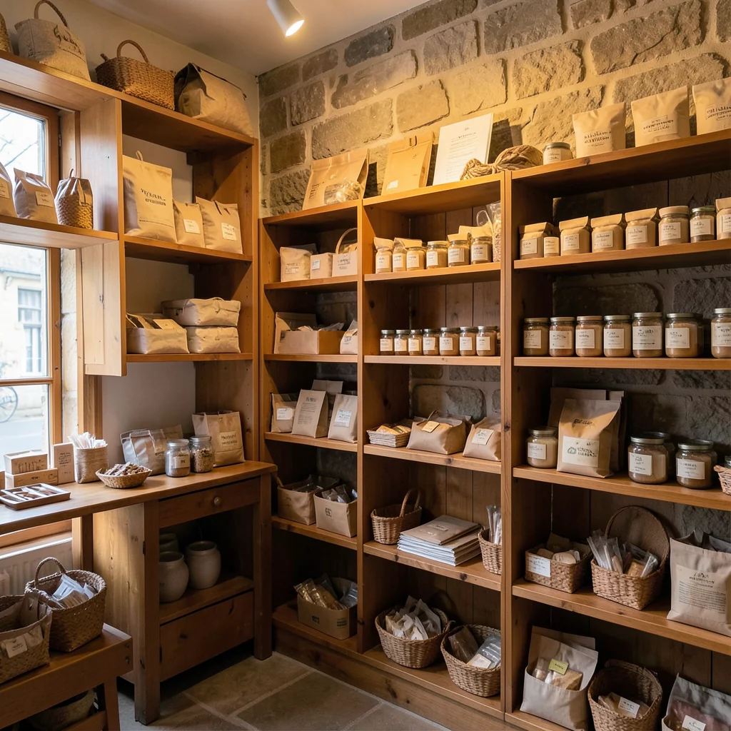 Image d'ambiance générée par l'outil : intérieur d'une boutique artisanale avec des étagères en bois.